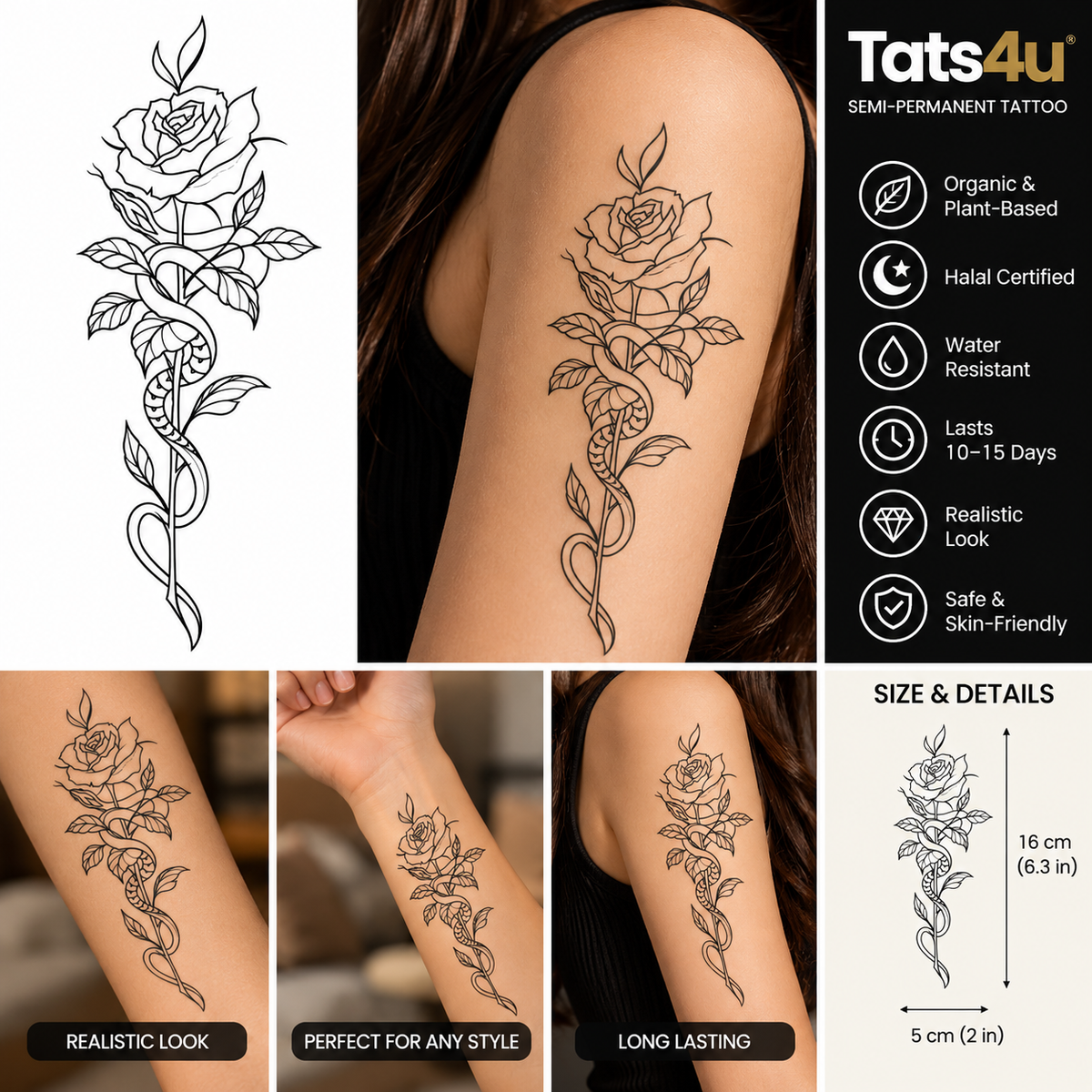 Snake & Rose Semi-Permanent Tattoo – Floral Gothic Design | Tats4u