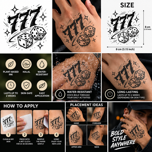 777 Dice Temporary Tattoo – Gothic Black Ink Design (3.15 × 3.15 in) | Tats4u