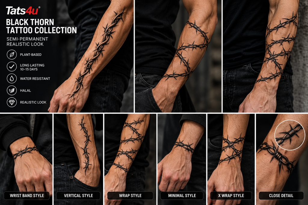 Black Thorn Barbed Wire Semi-Permanent Tattoo – Gothic Tribal Design | 6 Designs | Tats4u