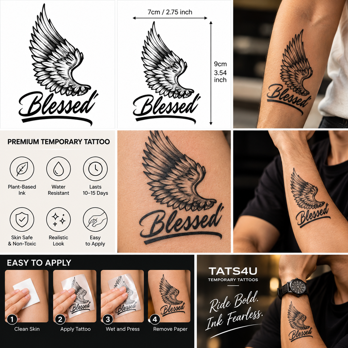 Blessed Angel Wing Semi-Permanent Tattoo – Inspirational Script Design, Black & Grey Feather Art, Water-Resistant, Long-Lasting (3.54 × 2.75 Inches) | Tats4u