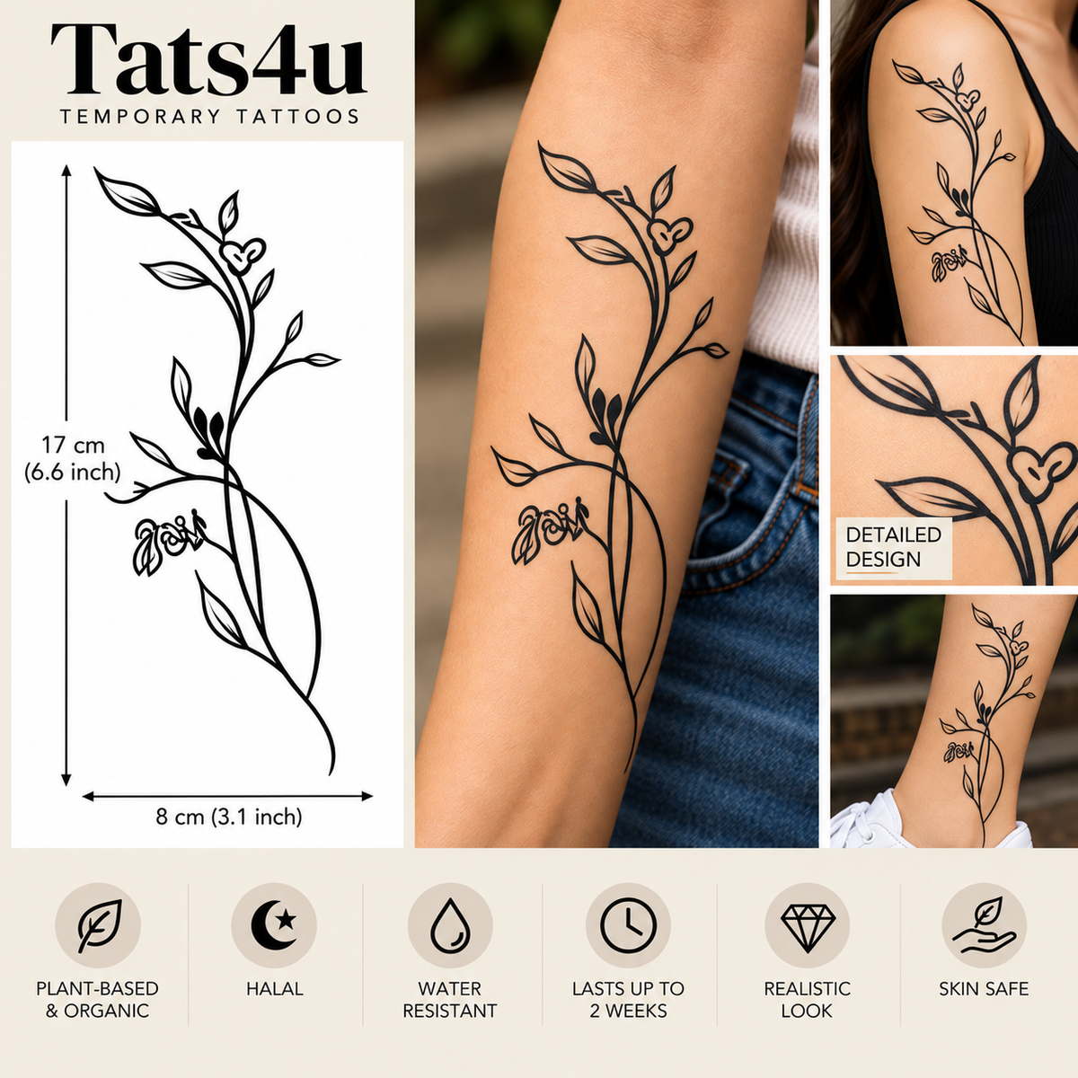 Elegant Floral Vine Semi-Permanent Tattoo (6.6 × 3.1 Inches) – Minimalist Botanical Design | Tats4u