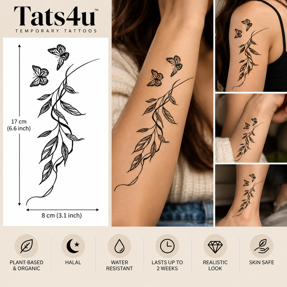 Butterfly & Flowing Leaves Semi-Permanent Tattoo – Elegant Botanical Design | Tats4u