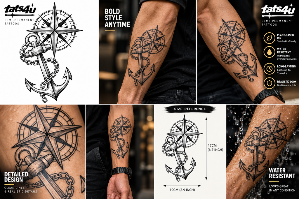 Premium Vintage Compass & Anchor Chain Semi-Permanent Tattoo – 7.48 × 4.72 Inches | Tats4u