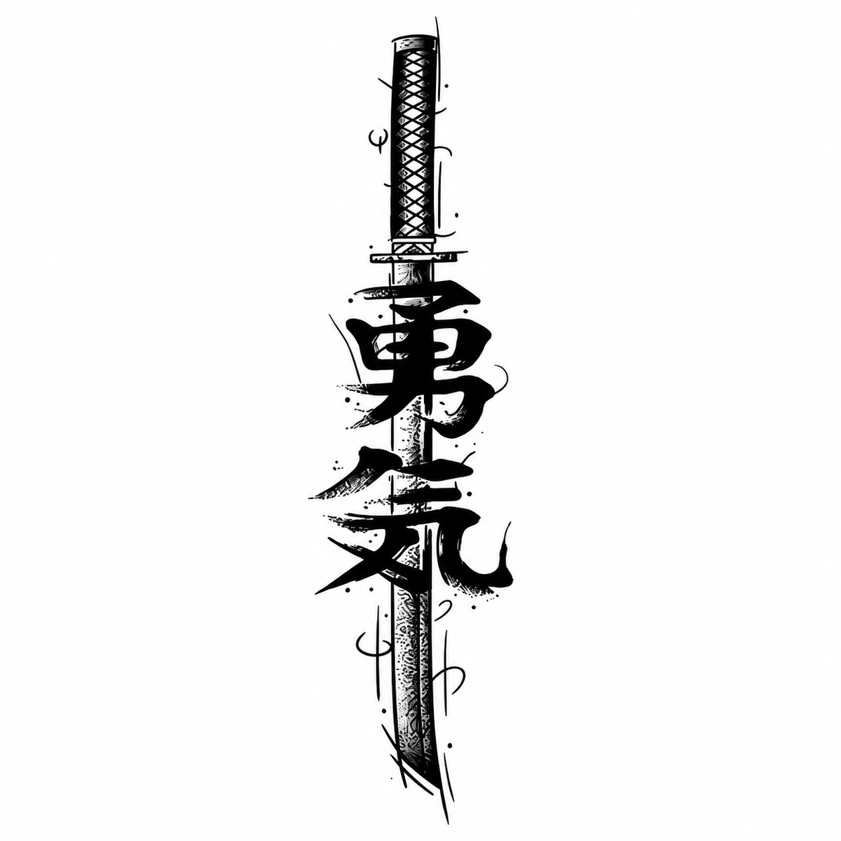 Japanese Katana Sword with Courage Kanji Semi-Permanent Tattoo – 6" by 3" inch | Tats4u