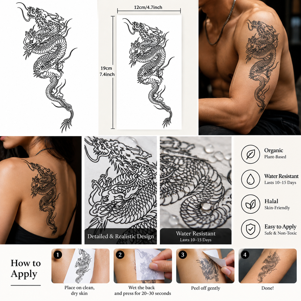 Chinese Dragon Semi-Permanent Tattoo - Size 8" x 5" inch | Tats4u