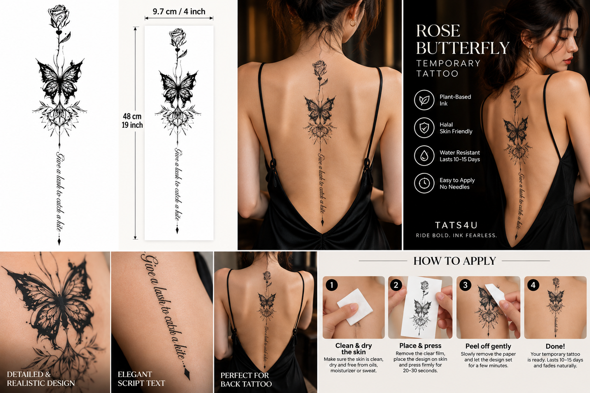 Rose Butterfly Semi-Permanent Tattoo – 19 × 4 Inches | Elegant Floral Back Tattoo | Tats4u