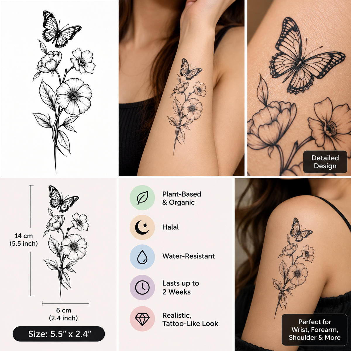 Butterfly & Bloom Semi-Permanent Tattoo – Floral Nature Design | Tats4u