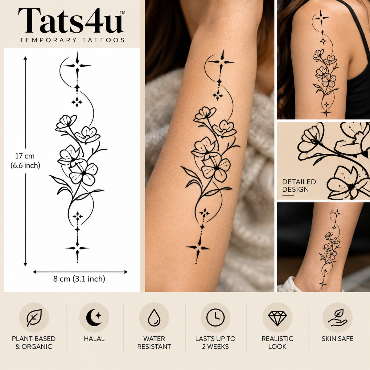 Sketch Rose Semi-Permanent Tattoo (6.6 × 3.1 Inches) – Abstract Floral Design | Tats4u