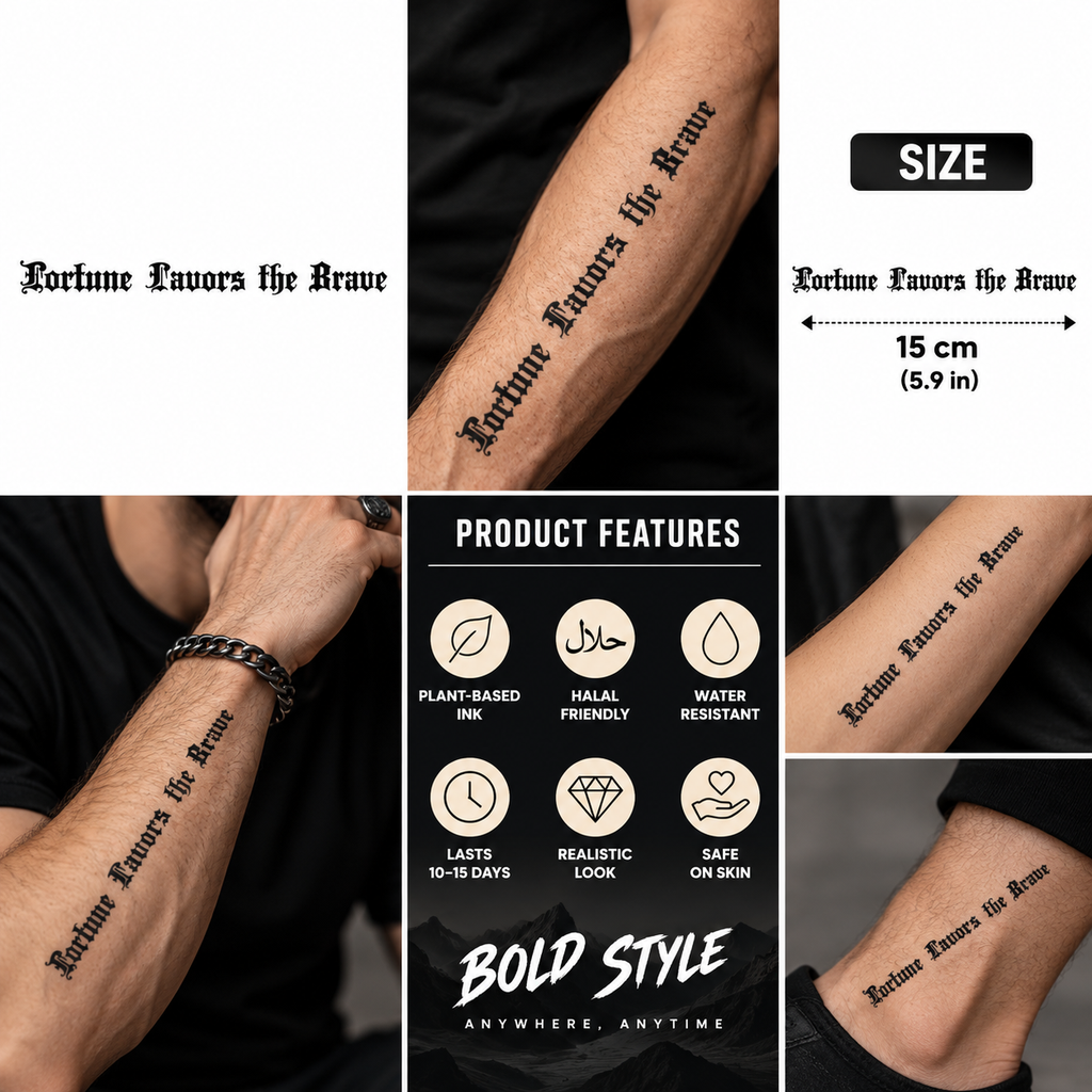 Fortune Favors the Brave Semi-Permanent Tattoo – Gothic Old English Lettering | Tats4u