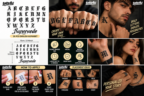 26-Piece Gothic English Alphabet Temporary Tattoo Set – Old English Blackletter Letters | Tats4u