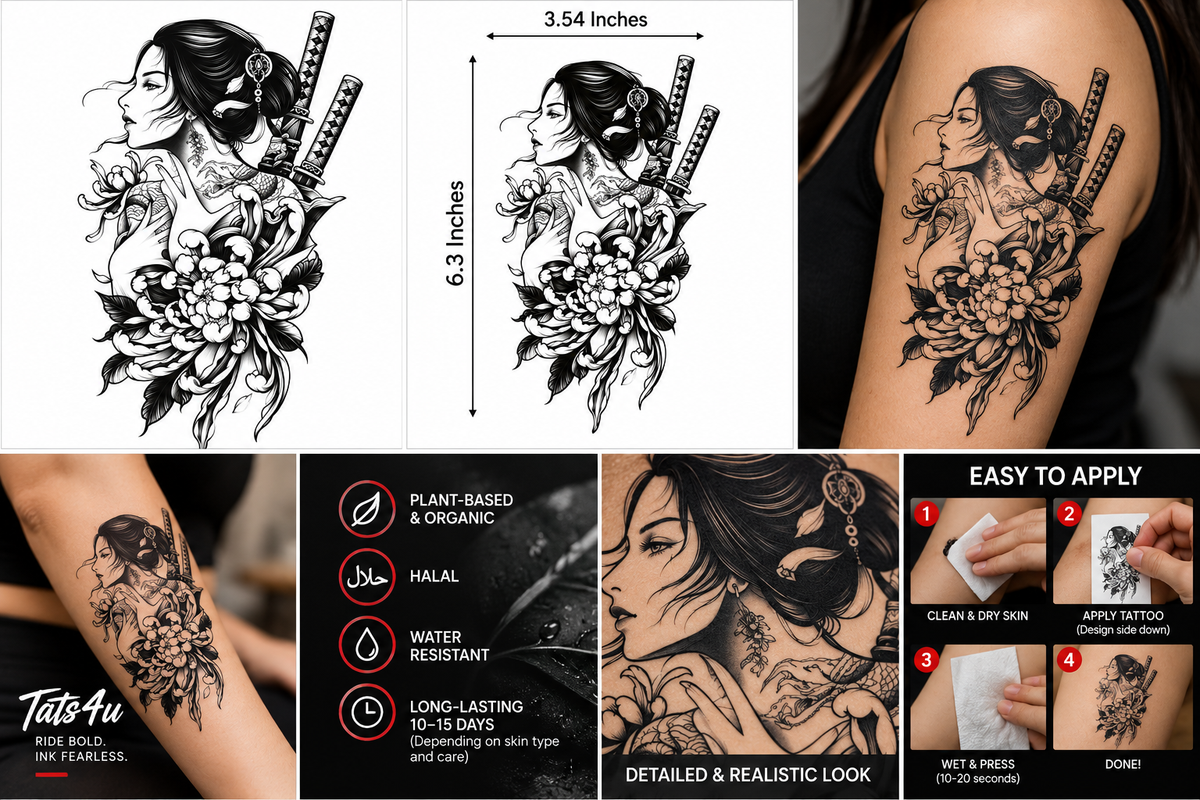 Japanese Lady Warrior Floral Katana Semi-Permanent Tattoo – 6.3 × 3.54 Inches | Tats4u