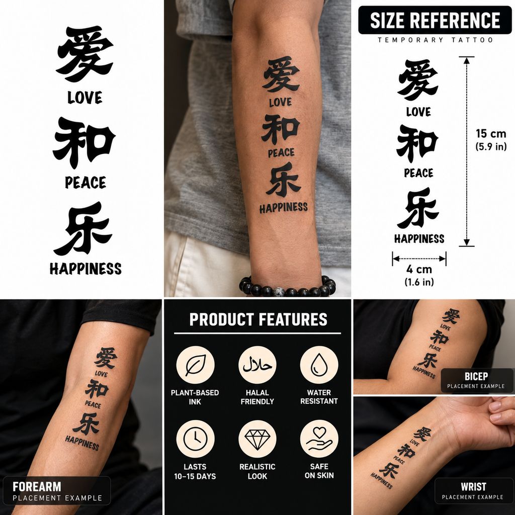 Chinese Characters 爱 和 乐 (Love, Peace & Happiness) Semi-Permanent Tattoo – 5.9 × 1.6 Inch | Tats4u