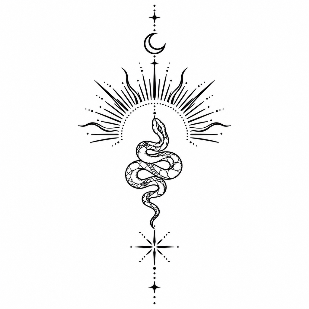 Celestial Snake & Sun Semi-Permanent Tattoo – Moon, Stars & Cosmic Design | Tats4u