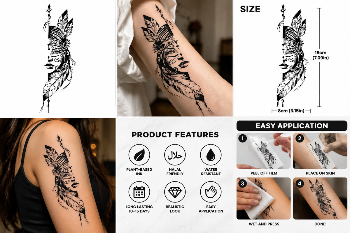 Tribal Warrior Woman with Feather Headdress Semi-Permanent Tattoo | 7.09 × 3.15 Inches | Tats4u