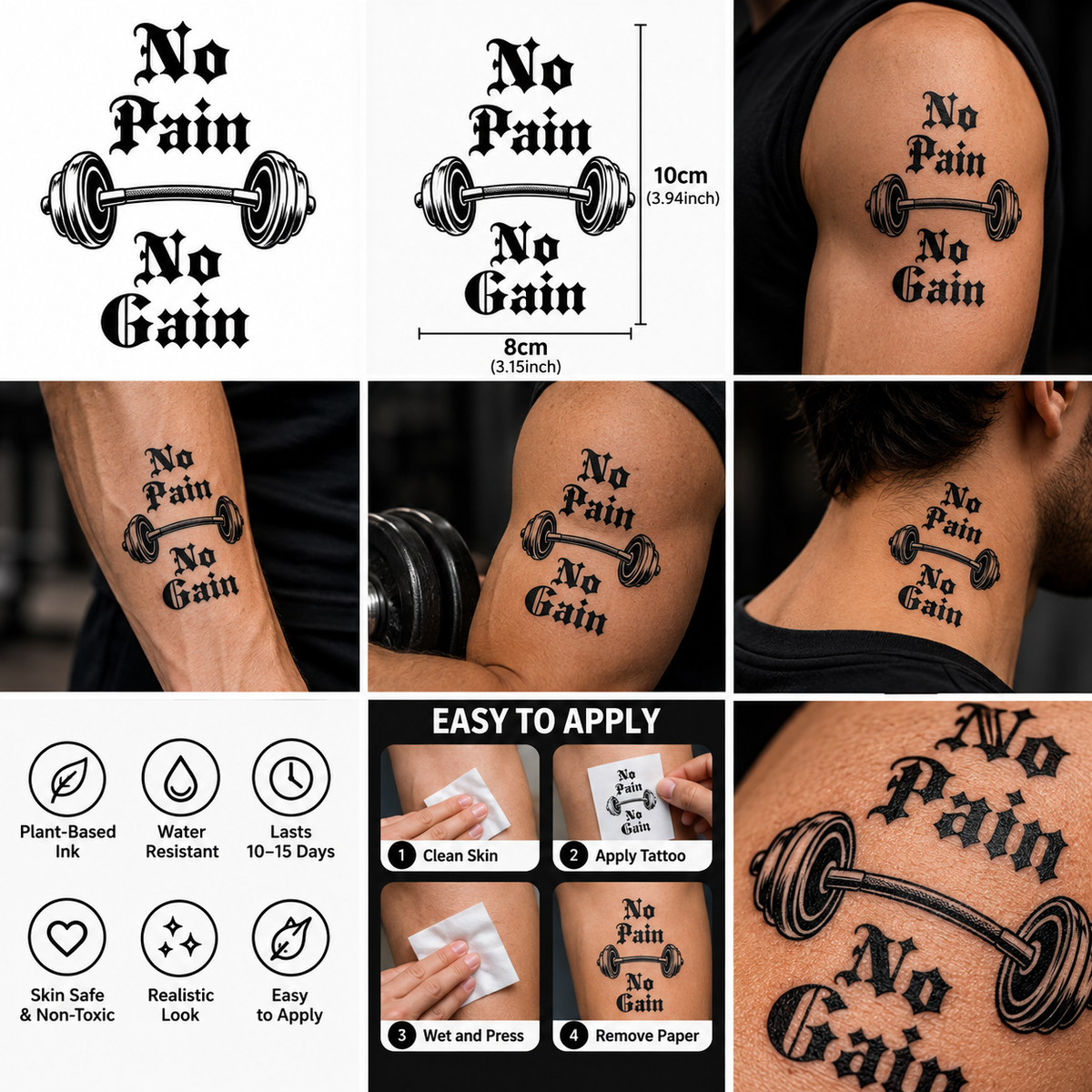 No Pain No Gain Semi-Permanent Tattoo – Gothic Dumbbell Gym Design, Water-Resistant, Long-Lasting (3.94 × 3.15 Inches) | Tats4u