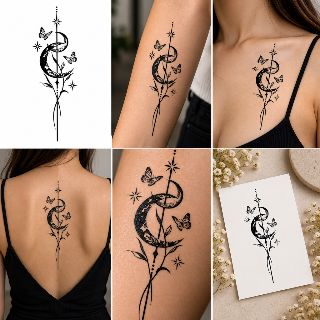 Moon & Butterfly Celestial Semi-Permanent Tattoo – 6.6 × 3.1 Inch | Tats4u