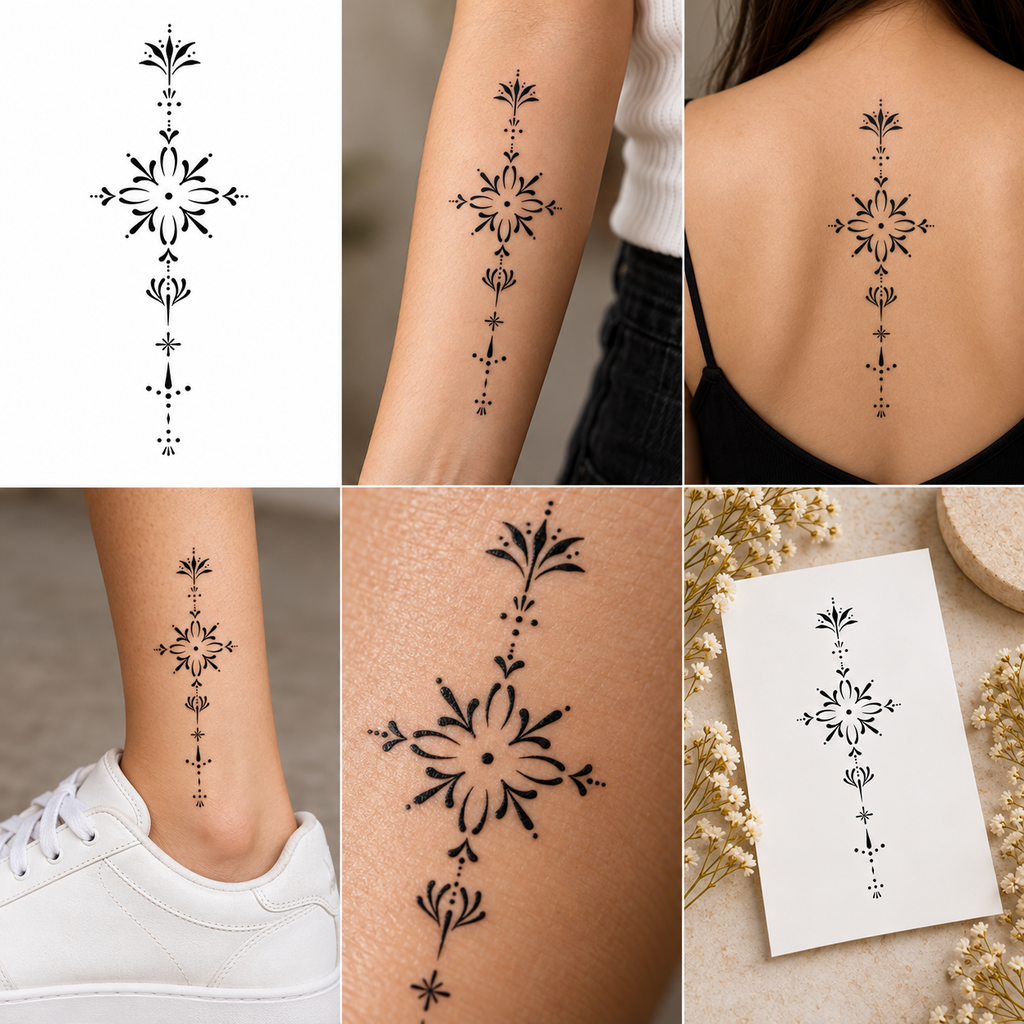 Ornamental Floral Sunburst Semi-Permanent Tattoo – 6.6 × 3.1 Inch | Tats4u