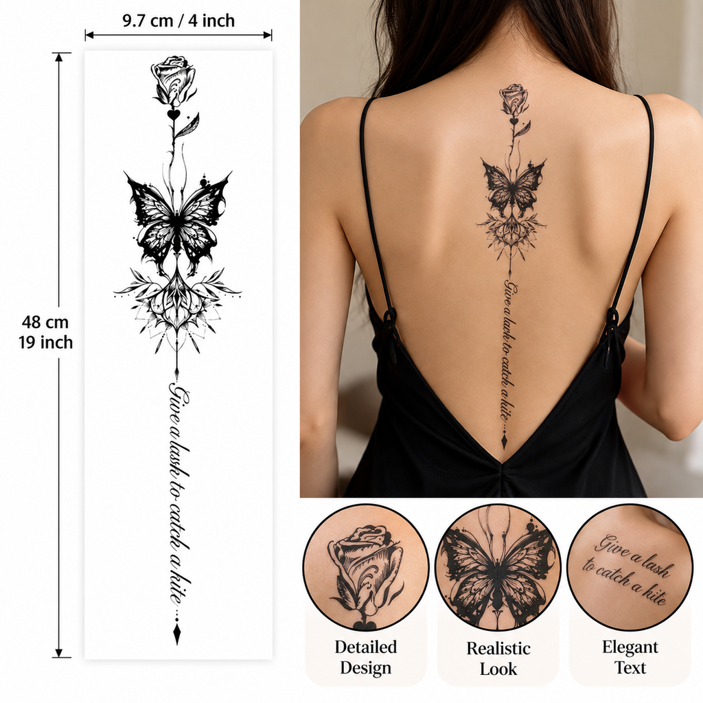 Rose Butterfly Semi-Permanent Tattoo – 19 × 4 Inches | Elegant Floral Back Tattoo | Tats4u