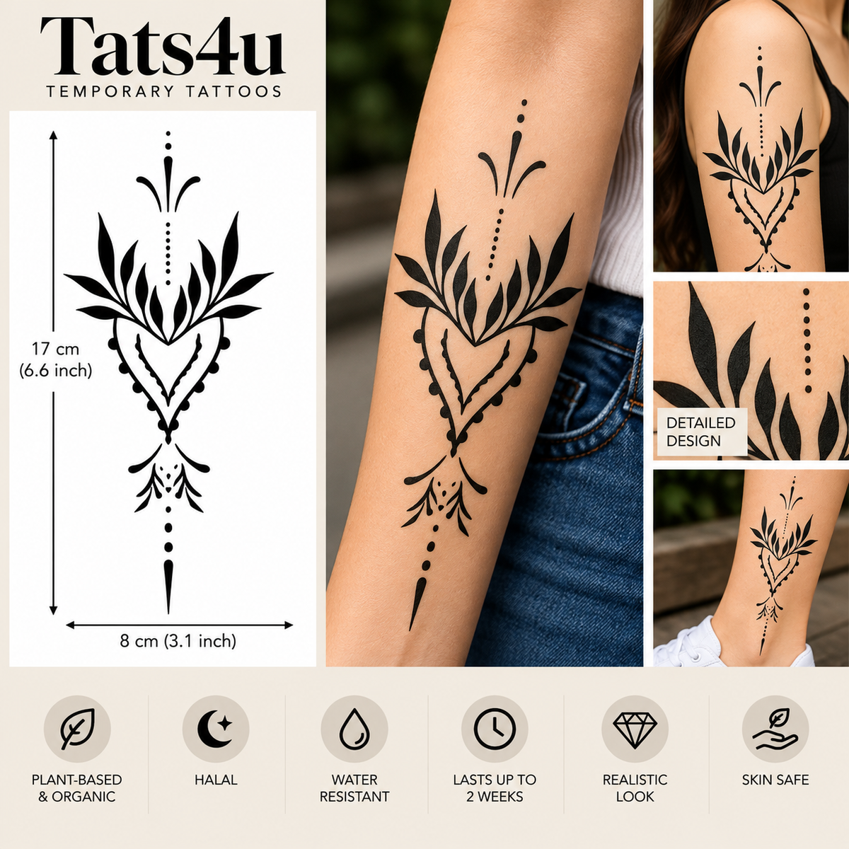 Ornamental Floral Vine Semi-Permanent Tattoo (6.6 × 3.1 Inches) – Symmetrical Botanical Design | Tats4u