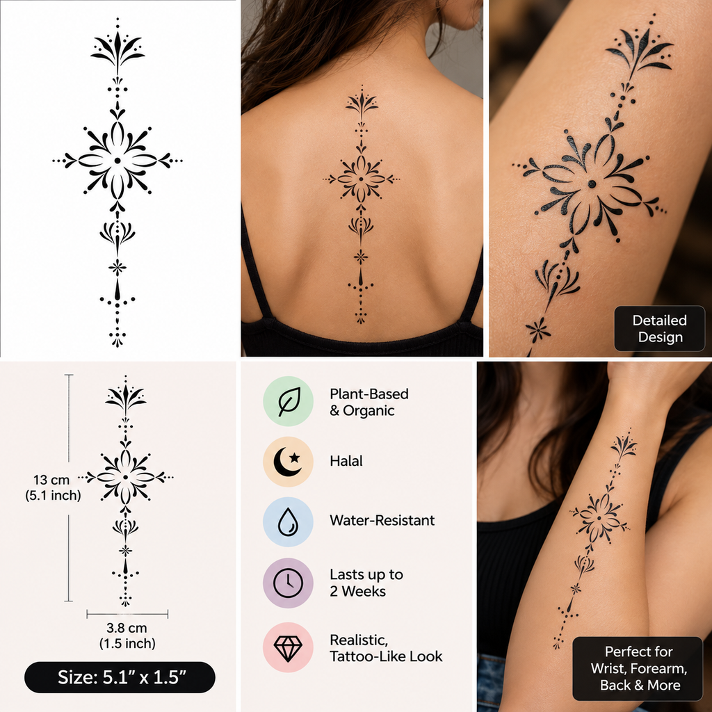Ornamental Floral Spine Semi-Permanent Tattoo – Elegant Mandala Design | Tats4u