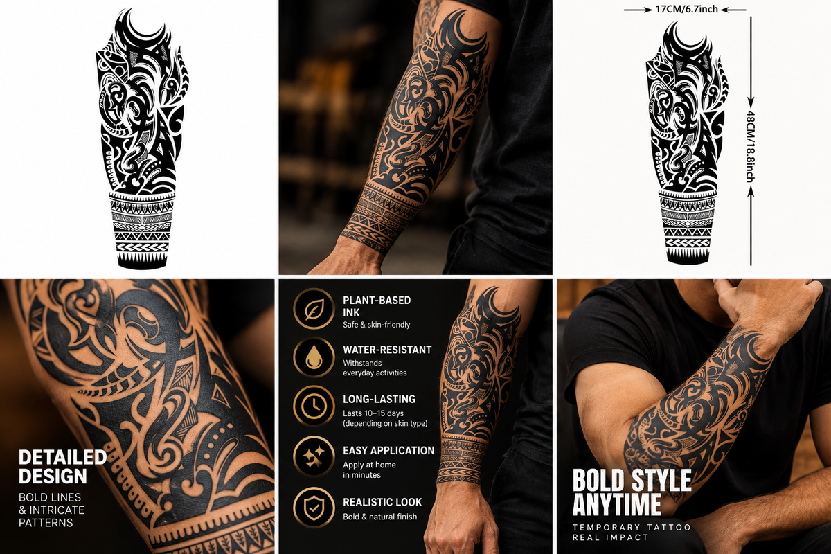 Polynesian Tribal Full Sleeve Semi-Permanent Tattoo – Black Maori-Inspired Geometric Arm Design, Water-Resistant, Long-Lasting (18.8 × 6.7 Inches) | Tats4u