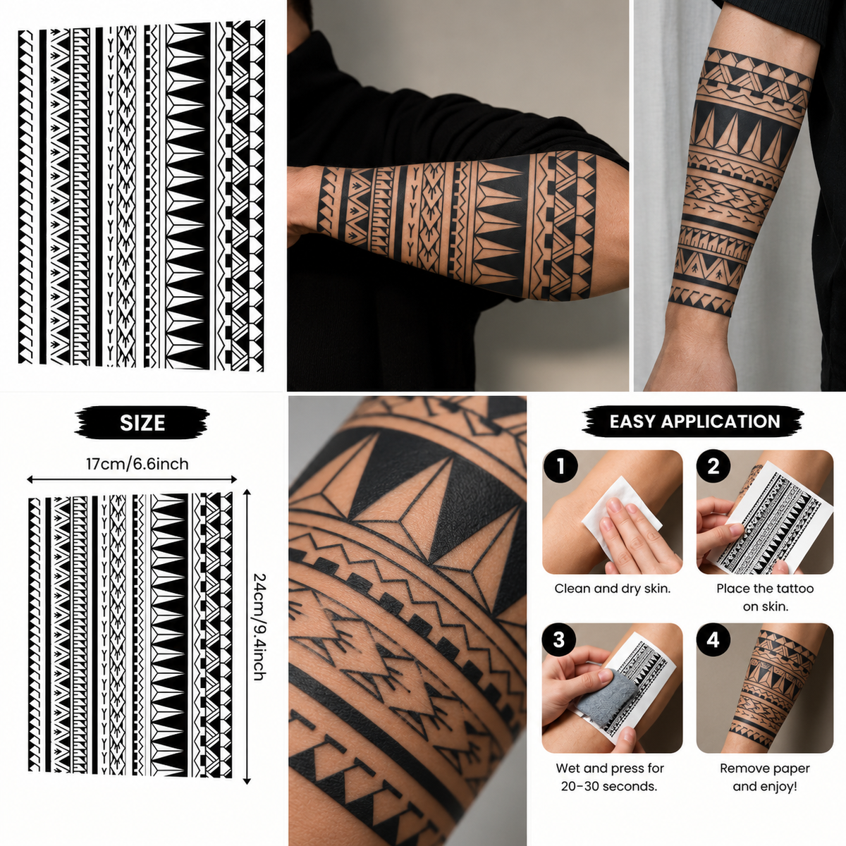 Geometric Tribal Semi-Permanent Tattoo Set – Polynesian-Inspired Black Pattern Armband & Forearm Designs, Water-Resistant, Long-Lasting (9.4 × 6.6 Inches) | Tats4u