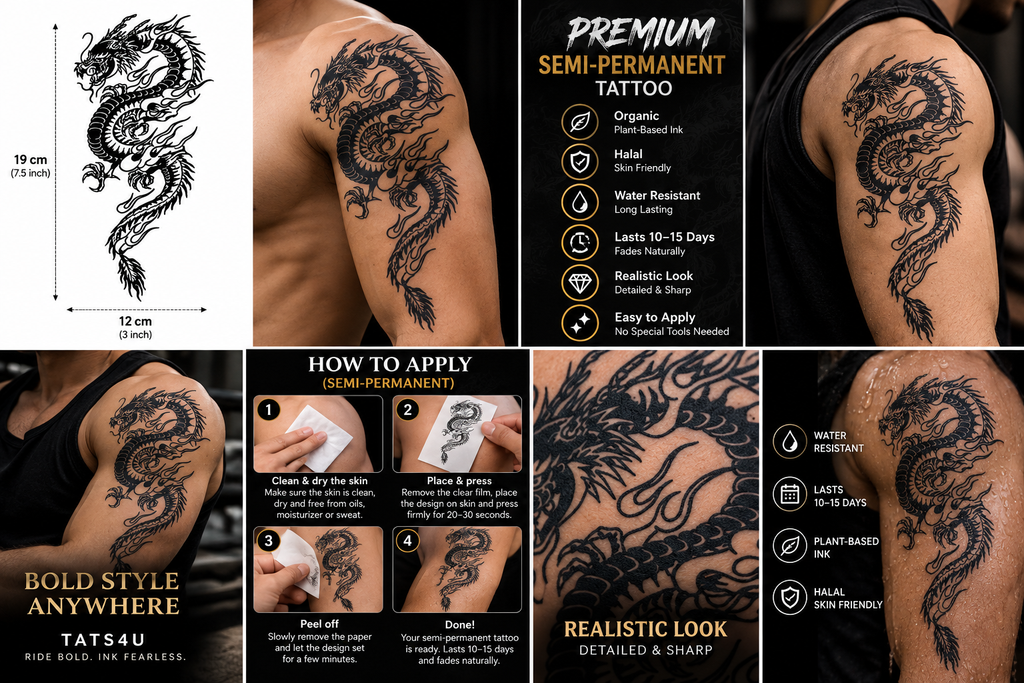 Japanese Dragon Semi-Permanent Tattoo - Size 8" x 5" inch | Tats4u