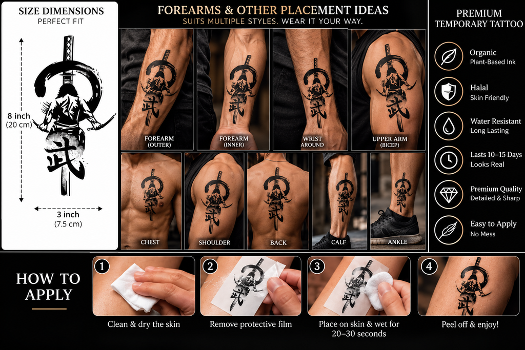 Samurai Warrior Double Swords Semi-Permanent Tattoo – 8 × 3 Inch | Tats4u