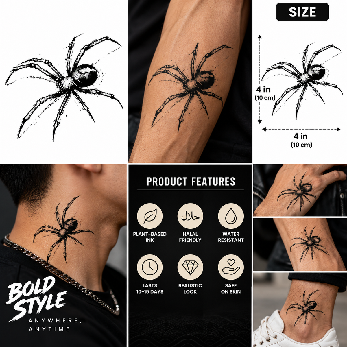 Realistic Black Spider Semi-Permanent Tattoo – 4 × 4 Inch | Tats4u
