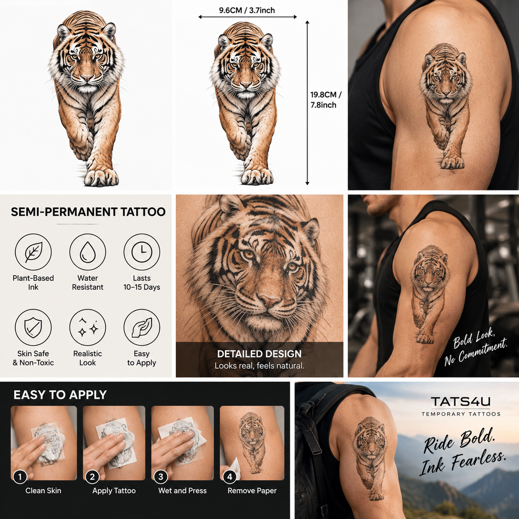 Realistic Tiger Semi-Permanent Tattoo – 3D Walking Tiger Design, Water-Resistant, Long-Lasting (7.8 × 3.7 Inches) | Tats4u