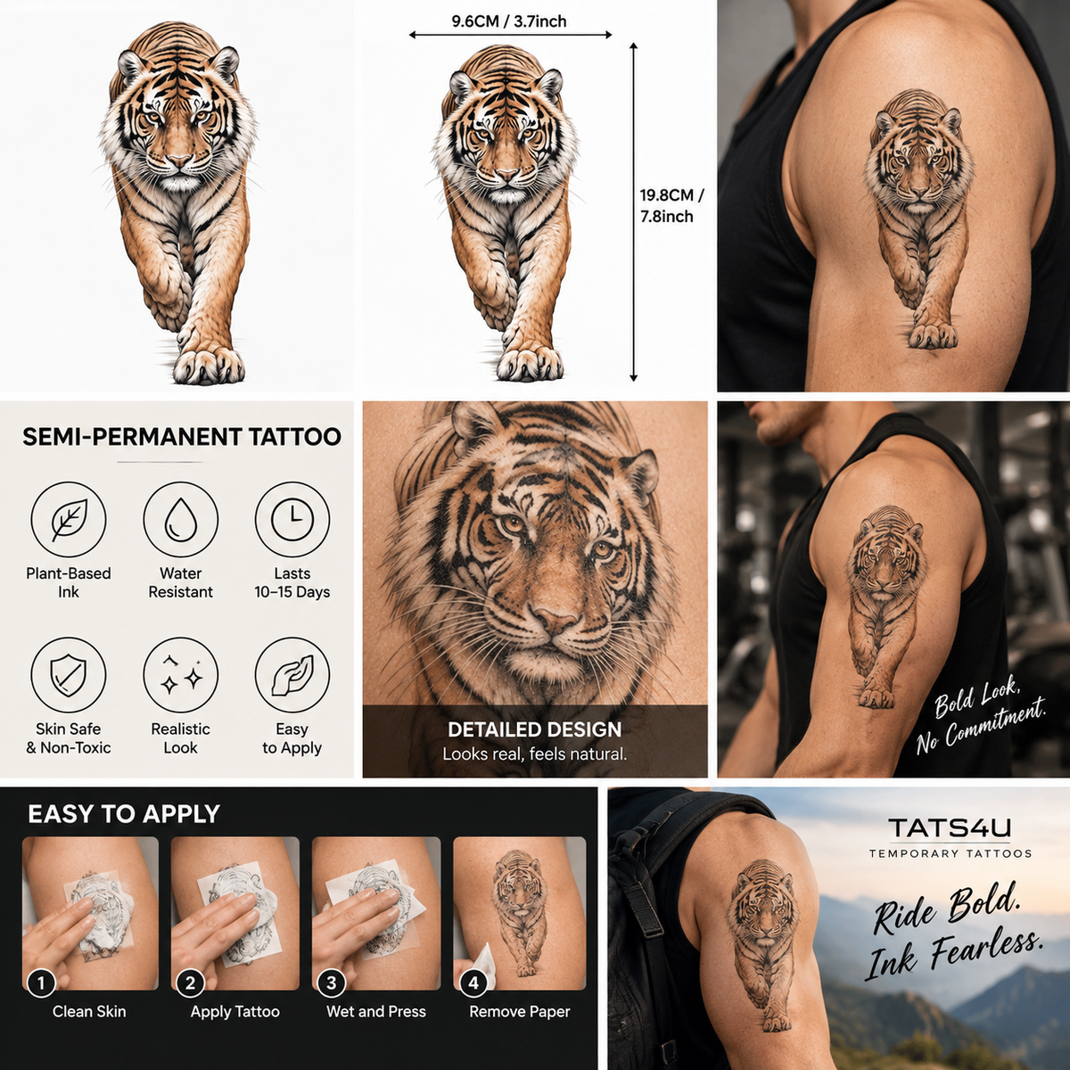 Realistic Tiger Semi-Permanent Tattoo – 3D Walking Tiger Design, Water-Resistant, Long-Lasting (7.8 × 3.7 Inches) | Tats4u