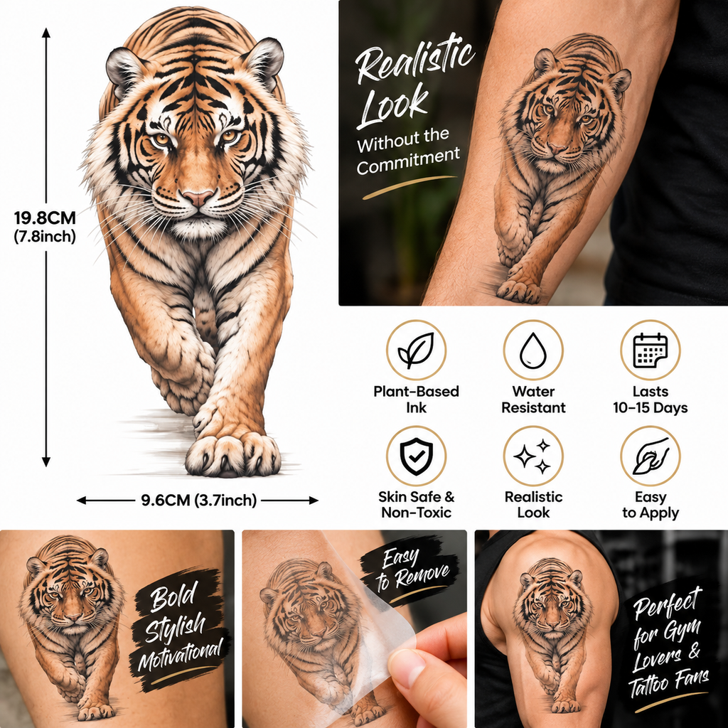 Realistic Tiger Semi-Permanent Tattoo – 3D Walking Tiger Design, Water-Resistant, Long-Lasting (7.8 × 3.7 Inches) | Tats4u
