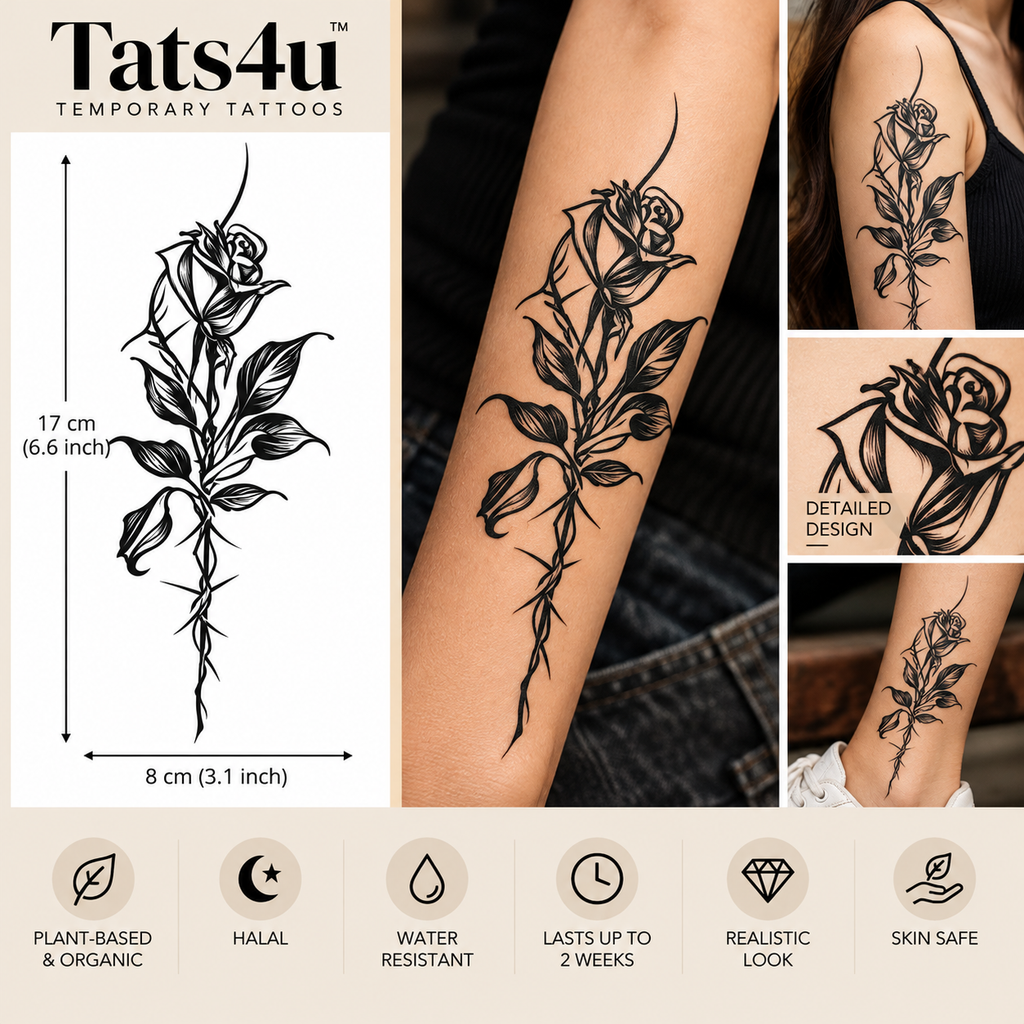 Thorned Rose Semi-Permanent Tattoo (6.6 × 3.1 Inches) – Gothic Floral Design | Tats4u