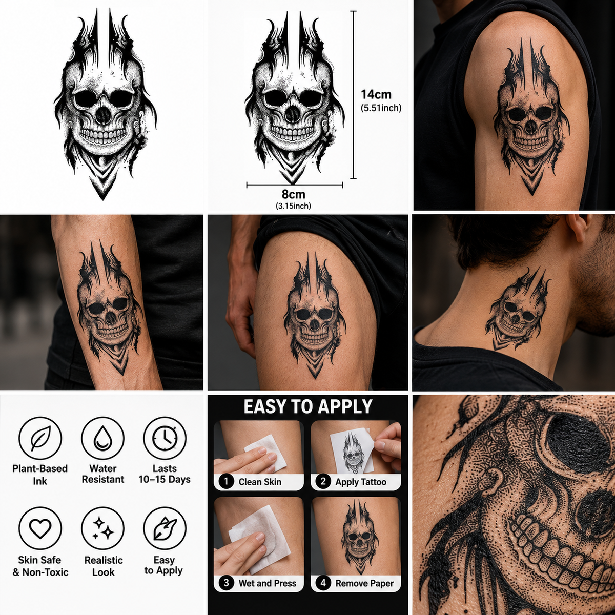 Gothic Skull Semi-Permanent Tattoo – Realistic Black Skull Design | Water-Resistant, Long-Lasting (5.51 × 3.15 Inches) | Tats4u