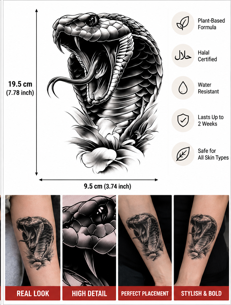 Floral Cobra Head Semi-Permanent Tattoo – 7.78 × 3.74 Inch | Tats4u