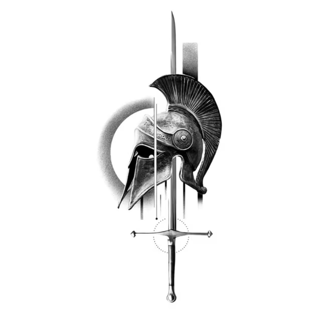 Spartan Warrior Helmet & Sword Semi-Permanent Tattoo – 8" × 3" Inch | Tats4u