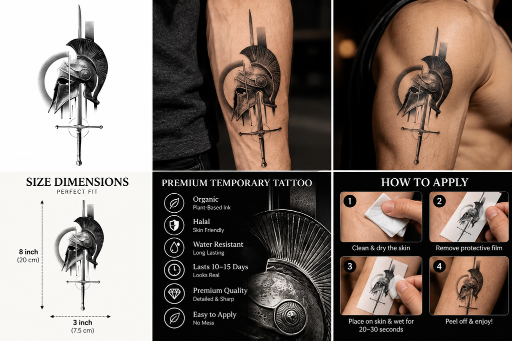 Spartan Warrior Helmet & Sword Semi-Permanent Tattoo – 8" × 3" Inch | Tats4u