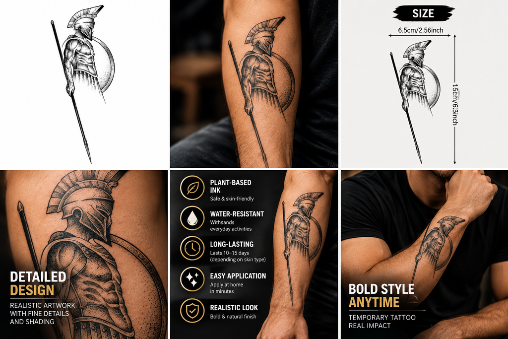 Greek Spartan Warrior Semi-Permanent Tattoo – Black & Grey Ancient Gladiator Spear and Shield Design, Water-Resistant, Long-Lasting (6.3 × 2.56 Inches) | Tats4u