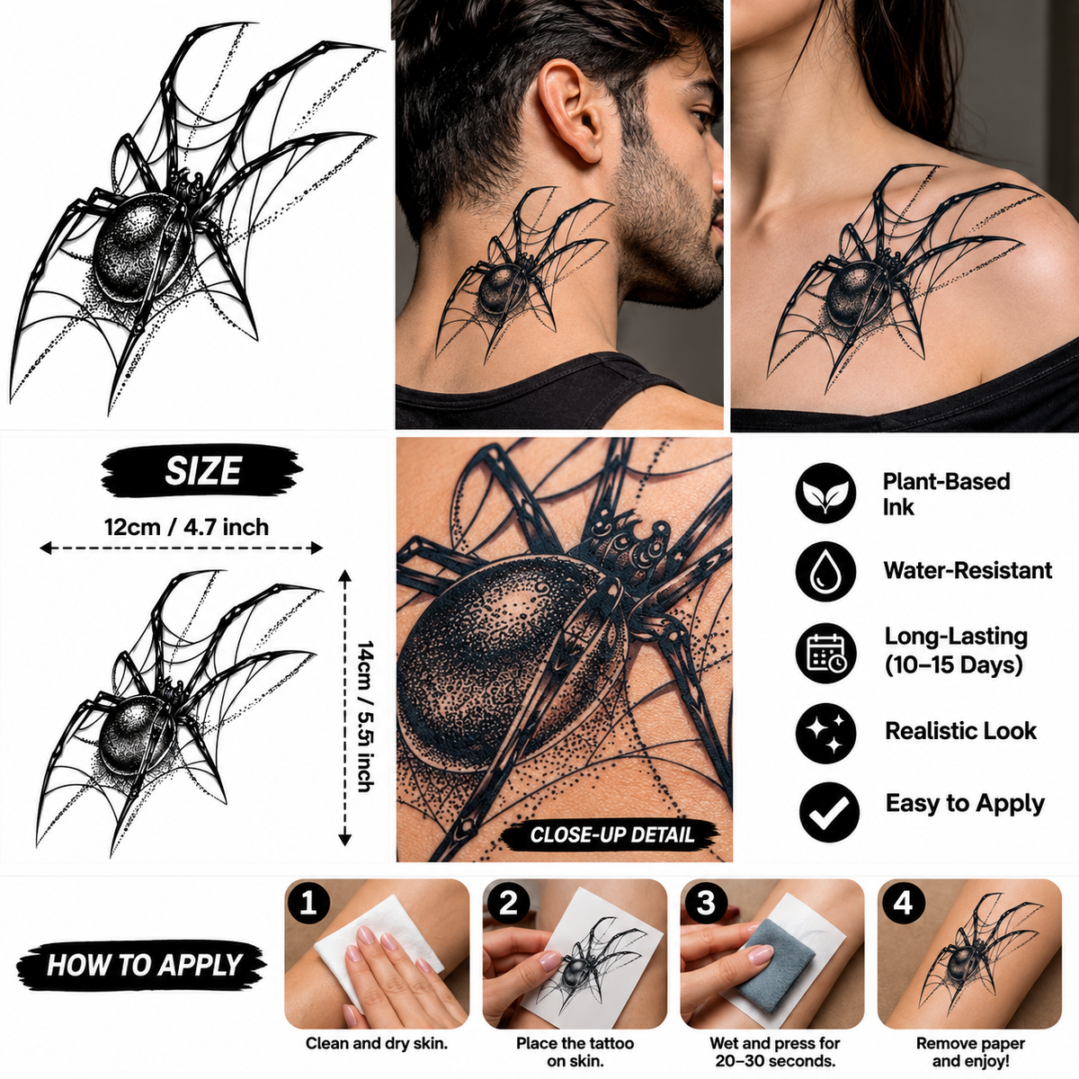 Gothic Spider Semi-Permanent Tattoo – Realistic Black Spider Web Design, Creepy Crawly Body Art, Water-Resistant, Long-Lasting | Tats4u
