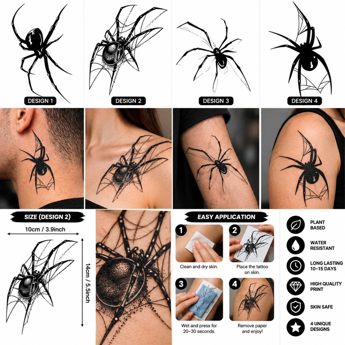Realistic Black Spider Semi-Permanent Tattoo – 4 × 4 Inch | Tats4u