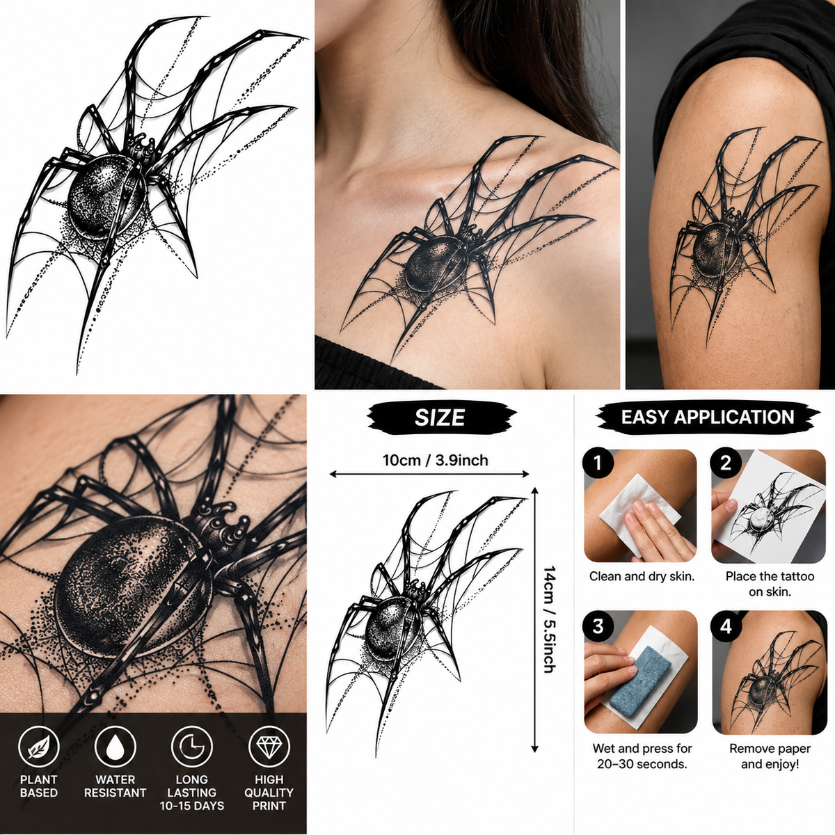 Gothic Spider Semi-Permanent Tattoo – Realistic Black Spider Web Design, Creepy Crawly Body Art, Water-Resistant, Long-Lasting | Tats4u