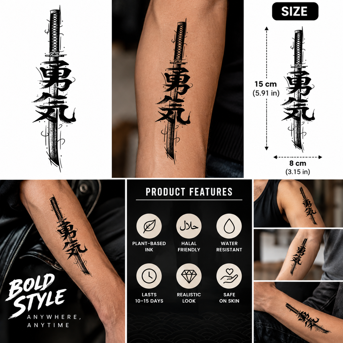 Japanese Katana Sword with Courage Kanji Semi-Permanent Tattoo – 6" by 3" inch | Tats4u
