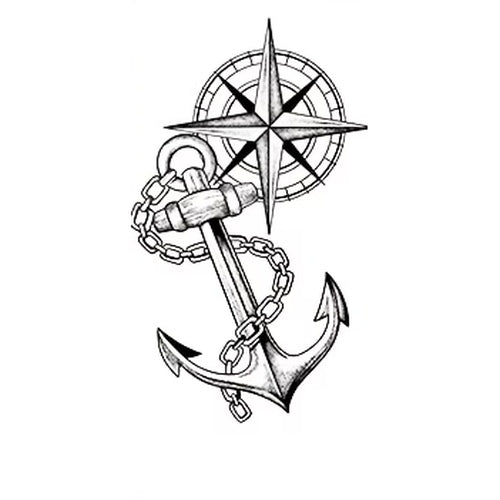 Vintage Compass & Anchor Chain Semi-Permanent Tattoo – 7.48 × 4.72 Inches | Tats4u