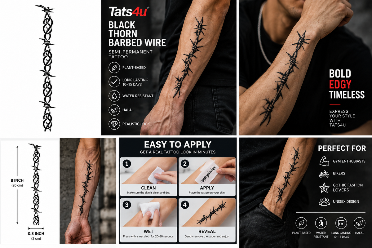 Black Thorn Barbed Wire Semi-Permanent Tattoo – Gothic Tribal Design | 6 Designs | Tats4u
