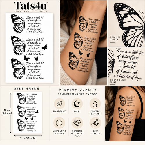 Butterfly & Hope Quote Semi-Permanent Tattoo – 3-Piece Set | Tats4u