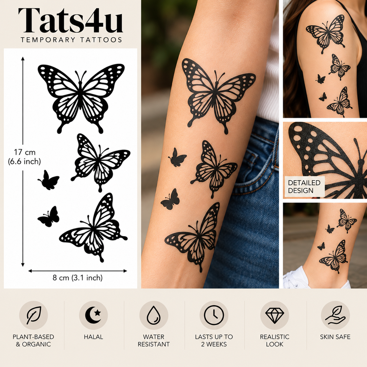 Butterfly Collection Semi-Permanent Tattoo (6.6 × 3.1 Inches) – Black Butterfly Design | Tats4u