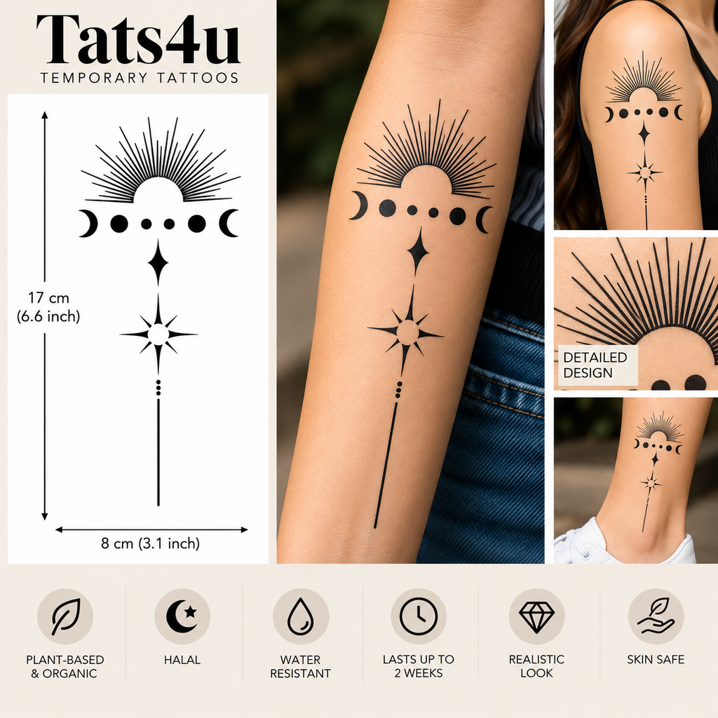 Celestial Sun & Moon Phases Semi-Permanent Tattoo – 6.6 × 3.1 Inch | Tats4u