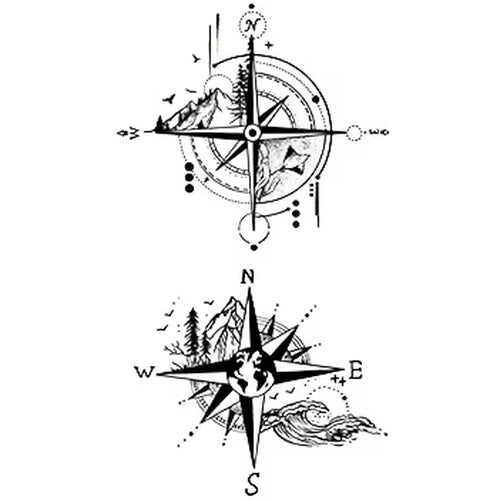2pcs Mountain Compass Semi-Permanent Tattoo – 4.33 × 7.08 Inches | Tats4u