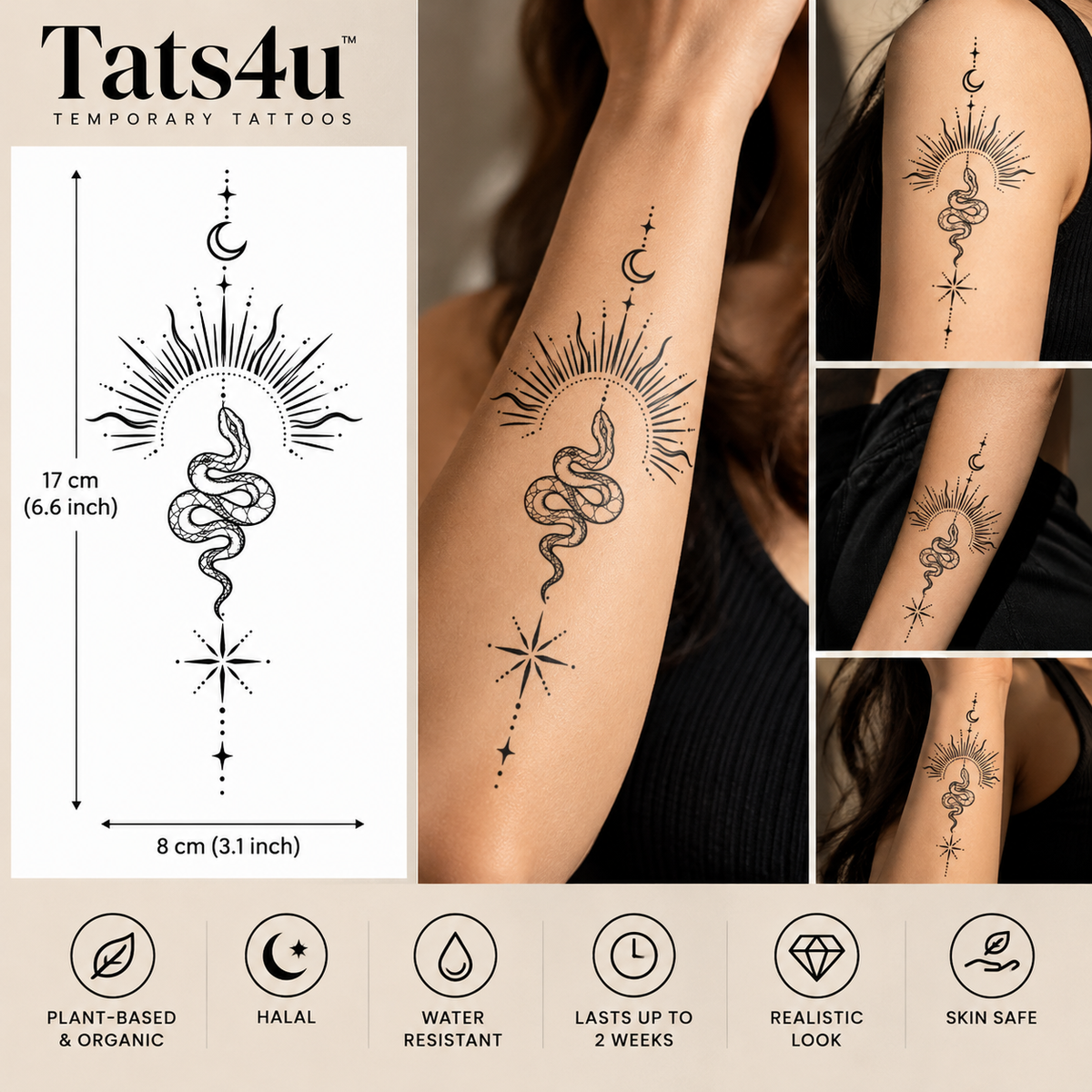 Celestial Snake & Sun Semi-Permanent Tattoo – Moon, Stars & Cosmic Design | Tats4u