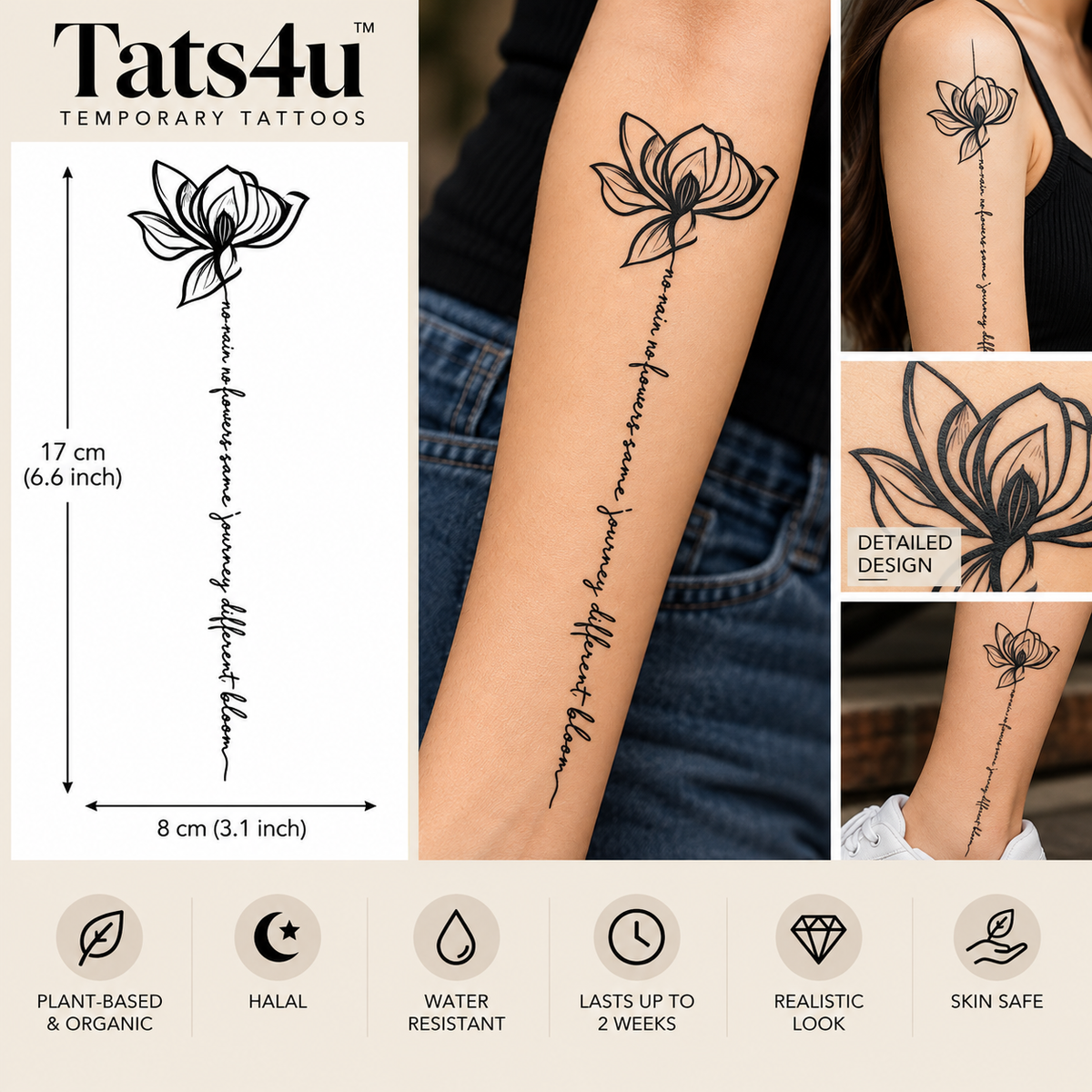 Lotus Flower Inspirational Quote Semi-Permanent Tattoo (6.6 × 3.1 Inches) – Elegant Floral Script Design | Tats4u